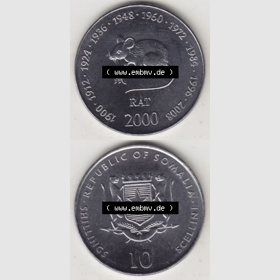 Münzen Afrika Somalia Lunar Gedenkmünzen 2000-2000, 10 Schilling mit Chinesischen Tierkreiszeichen 2008 Maus, Rat. Vorderseite und Rückseite vertikal untereinander auf... Sammlung