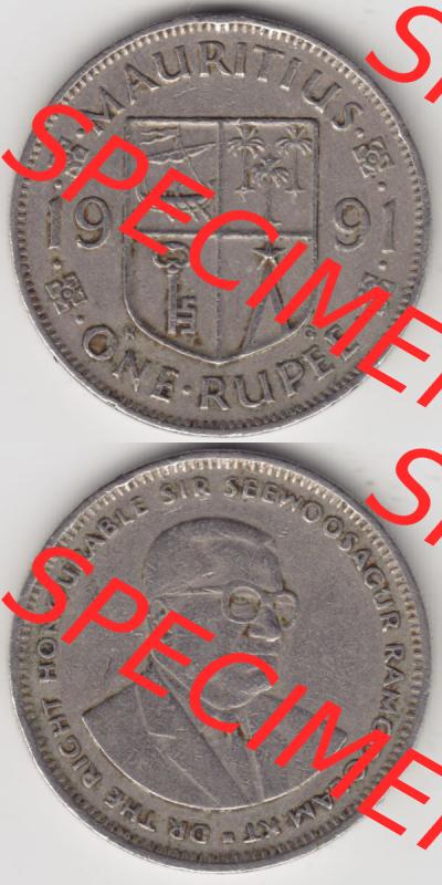 Münzen Afrika Mauritius Umlaufmünzen 1987-2010, 1 Rupie, 1 Rupee 1991. Vorderseite und Rückseite vertikal untereinander auf einen Digitalen Bild einer Münze aus Mauritius,... Sammlung