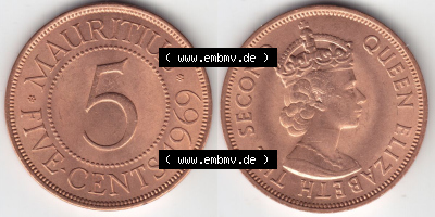 Münzen Afrika Mauritius Umlaufmünzen 1956-1978, 5 Cent 1969. Vorderseite und Rückseite nebeneinander auf einen Digitalen Bild... Sammlung
