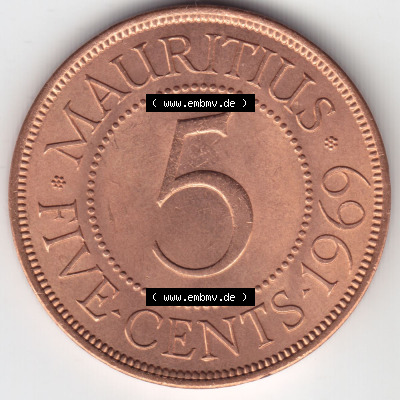 Münzen Afrika Mauritius Umlaufmünzen 1956-1978, 5 Cent 1969. Vorderseite einer Münze aus Mauritius, Mauritius befindet sich... Sammlung