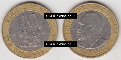 Münzen Afrika Kenia Umlaufmünzen 2005-2009, 10 Schilling - Shillings 20005. Vorderseite und Rückseite nebeneinander auf einen... Sammlung