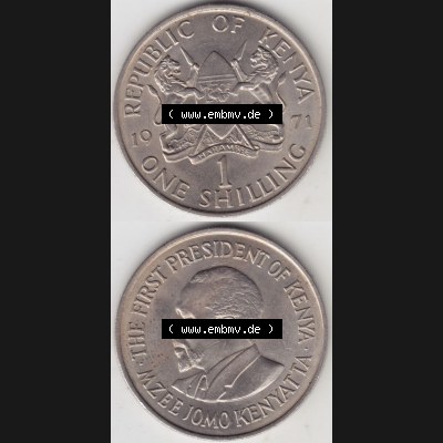 Münzen Afrika Kenia Umlaufmünzen 1969-1978, 1 One Shilling, Schilling 1971. Vorderseite und Rückseite vertikal untereinander auf einen Digitalen Bild einer Münze... Sammlung