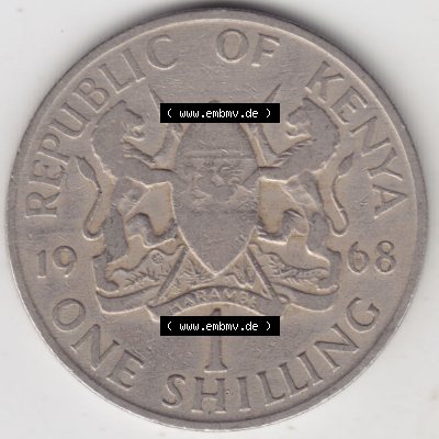Münzen Afrika Kenia Umlaufmünzen 1966-1968, 1 One Shilling, Schilling 1968. Vorderseite einer Münze aus Kenia, Kenia befindet sich auf dem Kontinent Afrika.... Sammlung