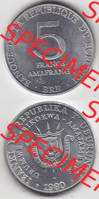 Münzen Afrika Burundi Umlaufmünzen 1976-2013, 5 France Franken 1980. Vorderseite und Rückseite vertikal untereinander auf einen Digitalen Bild einer Münze aus Burundi,... Sammlung