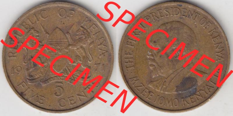 Münzen Afrika Kenia Umlaufmünzen 1969-1978, 5 Cent des Schillings 1971. Vorderseite und Rückseite nebeneinander auf einen Digitalen Bild einer Münze aus Kenia, Kenia... Sammlung