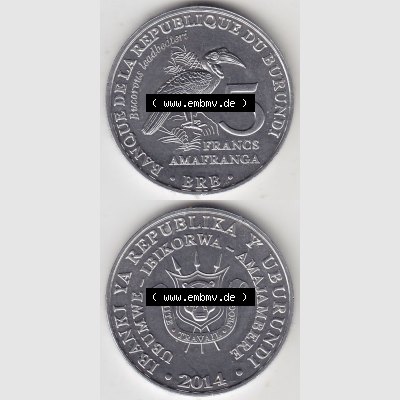 Münzen Afrika Burundi Gedenkmünzen 2014-2014, Francs Vögel-Südlicher Hornrabe. Vorderseite und Rückseite vertikal untereinander auf einen Digitalen Bild einer Münze... Sammlung