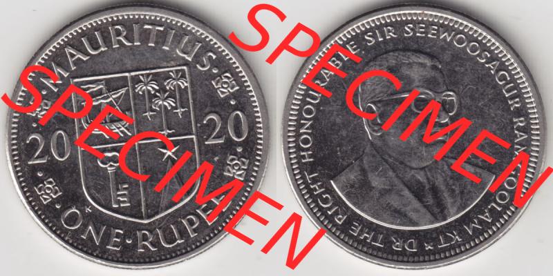 Münzen Afrika Mauritius Umlaufmünzen 2012-2020, 1 Rupie, 1 Rupee 2020. Vorderseite und Rückseite nebeneinander auf einen Digitalen Bild einer Münze aus Mauritius,... Sammlung