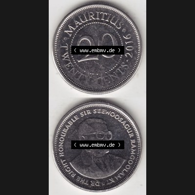 Münzen Afrika Mauritius Umlaufmünzen 1987-2016, 20 Cent 2016. Vorderseite und Rückseite vertikal untereinander auf einen Digitalen Bild einer Münze aus Mauritius,... Sammlung
