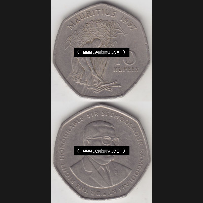 Münzen Afrika Mauritius Umlaufmünzen 1997-2000, 10 Rupien, Rupees 1997. Vorderseite und Rückseite vertikal untereinander auf einen Digitalen Bild einer Münze aus... Sammlung