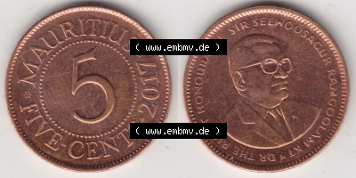 Münzen Afrika Mauritius Umlaufmünzen 1987-2017, 5 Cent 2017. Vorderseite und Rückseite nebeneinander auf einen Digitalen Bild... Sammlung