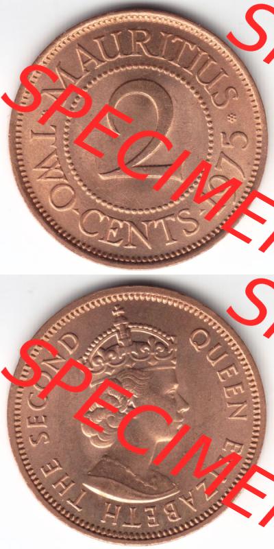 Münzen Afrika Mauritius Umlaufmünzen 1953-1978, 2 Cent 1975. Vorderseite und Rückseite vertikal untereinander auf einen Digitalen Bild einer Münze aus Mauritius,... Sammlung