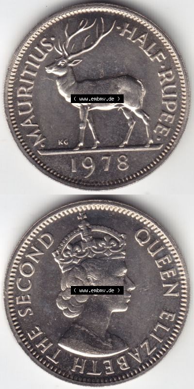 Münzen Afrika Mauritius Umlaufmünzen 1965-1978, 0,50 Halbe Rupie 1978. Vorderseite und Rückseite vertikal untereinander auf... Sammlung