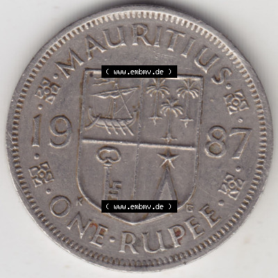 Münzen Afrika Mauritius Umlaufmünzen 1987-2010, 1 Rupie, One-Rupee 1987. Vorderseite einer Münze aus Mauritius, Mauritius befindet... Sammlung