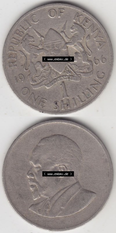 Münzen Afrika Kenia Umlaufmünzen 1966-1968, 1 One Shilling, Schilling 1966. Vorderseite und Rückseite vertikal untereinander... Sammlung