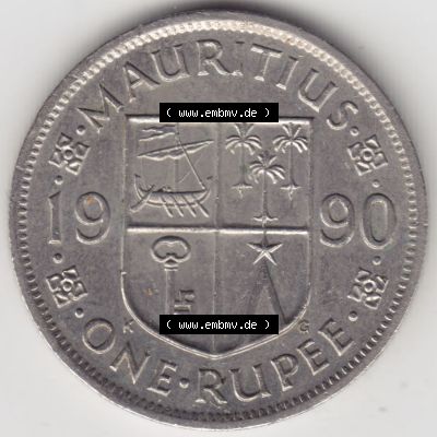 Münzen Afrika Mauritius Umlaufmünzen 1987-2010, 1 Rupie, 1 Rupee 1990. Vorderseite einer Münze aus Mauritius, Mauritius befindet sich auf dem Kontinent Afrika.... Sammlung