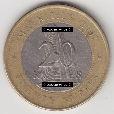 Münzen Afrika Mauritius Umlaufmünzen 2007-2020, 20 Rupien, 20 Rupees 2007. Vorderseite einer Münze aus Mauritius, Mauritius... Sammlung