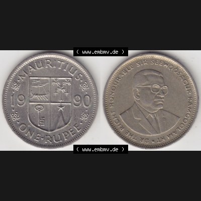 Münzen Afrika Mauritius Umlaufmünzen 1987-2010, 1 Rupie, 1 Rupee 1990. Vorderseite und Rückseite nebeneinander auf einen Digitalen Bild einer Münze aus Mauritius,... Sammlung
