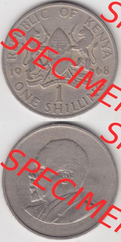 Münzen Afrika Kenia Umlaufmünzen 1966-1968, 1 One Shilling, Schilling 1968. Vorderseite und Rückseite vertikal untereinander auf einen Digitalen Bild einer Münze... Sammlung
