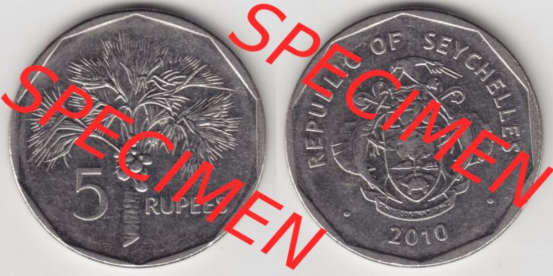 Münzen Afrika Seychellen Umlaufmünzen 1982-2010, 5 Rupien Rupess 2010. Vorderseite und Rückseite nebeneinander auf einen Digitalen Bild einer Münze aus der Republik der... Sammlung