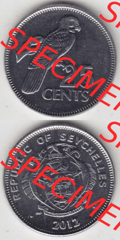 Münzen Afrika Seychellen Umlaufmünzen 1993-2012, 25 Cent 2012. Vorderseite und Rückseite vertikal untereinander auf einen Digitalen Bild einer Münze aus der Republik der... Sammlung