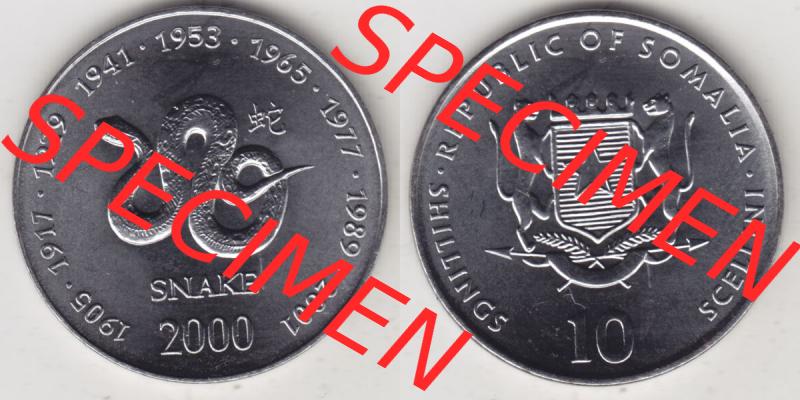Münzen Afrika Somalia Lunar Gedenkmünzen 2000-2000, 10 Schilling mit Chinesischen Tierkreiszeichen 2001 Schlange - Snake. Vorderseite und Rückseite nebeneinander auf einen Digitalen... Sammlung