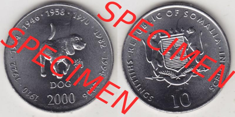 Münzen Afrika Somalia Lunar Gedenkmünzen 2000-2000, 10 Schilling mit Chinesischen Tierkreiszeichen 2006 Hund - Dog. Vorderseite und Rückseite nebeneinander auf einen Digitalen... Sammlung