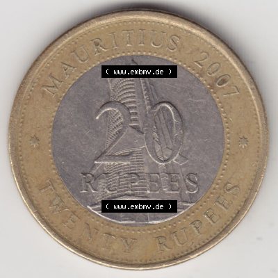 Münzen Afrika Mauritius Umlaufmünzen 2007-2020, 20 Rupien, 20 Rupees 2007. Vorderseite einer Münze aus Mauritius, Mauritius befindet sich auf dem Kontinent Afrika.... Sammlung