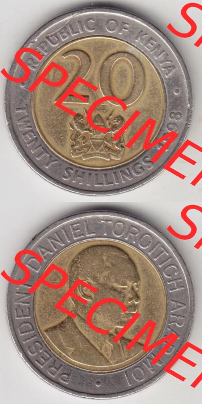 Münzen Afrika Kenia Umlaufmünzen 1998-1998, 20 Schilling - Shillings 1998. Vorderseite und Rückseite vertikal untereinander auf einen Digitalen Bild einer Münze aus Kenia,... Sammlung
