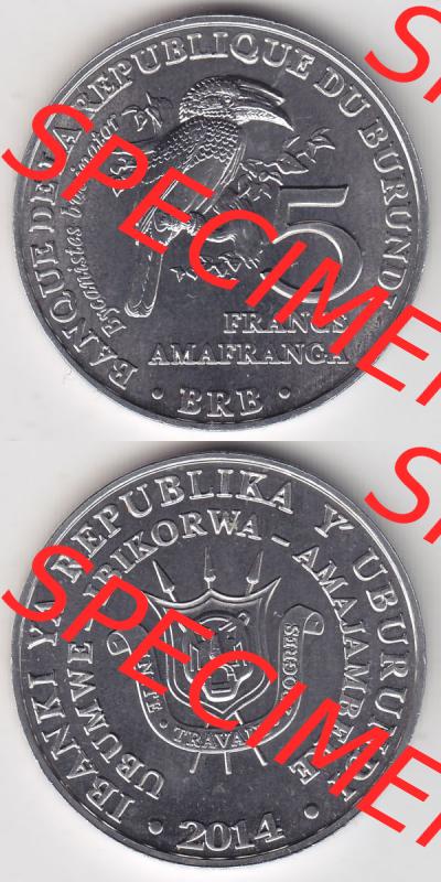 Münzen Afrika Burundi Gedenkmünzen 2014-2014, 5 Francs Vögel-Trompeterhornvogel. Vorderseite und Rückseite vertikal untereinander auf einen Digitalen Bild einer Münze... Sammlung