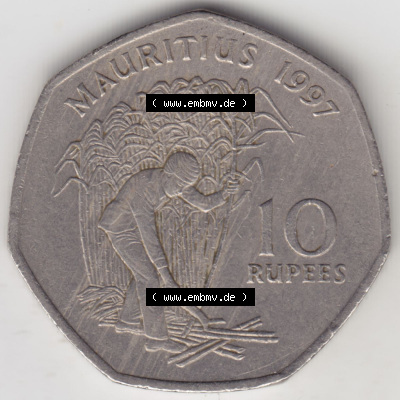 Münzen Afrika Mauritius Umlaufmünzen 1997-2000, 10 Rupien, Rupees 1997. Vorderseite einer Münze aus Mauritius, Mauritius befindet... Sammlung