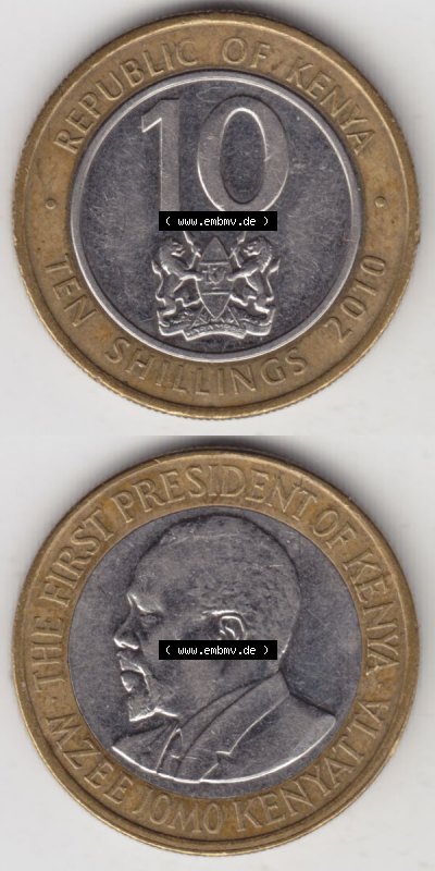 Münzen Afrika Kenia Umlaufmünzen 2010-2010, 10 Schilling - Shillings 2010. Vorderseite und Rückseite vertikal untereinander... Sammlung