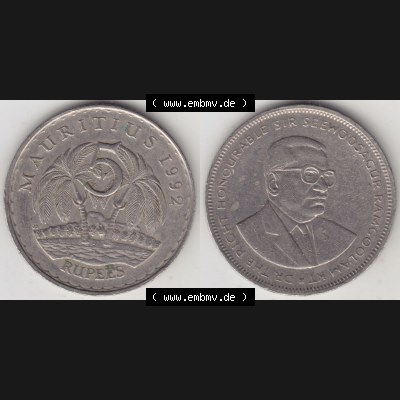 Münzen Afrika Mauritius Umlaufmünzen 1987-2010, 5 Rupien, Rupees 1992. Vorderseite und Rückseite nebeneinander auf einen Digitalen Bild einer Münze aus Mauritius,... Sammlung