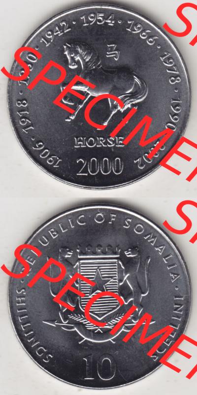 Münzen Afrika Somalia Lunar Gedenkmünzen 2000-2000, 10 Schilling mit Chinesischen Tierkreiszeichen 2002 Pferd - Horse. Vorderseite und Rückseite vertikal untereinander auf einen... Sammlung