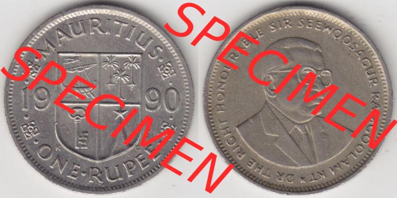 Münzen Afrika Mauritius Umlaufmünzen 1987-2010, 1 Rupie, 1 Rupee 1990. Vorderseite und Rückseite nebeneinander auf einen Digitalen Bild einer Münze aus Mauritius,... Sammlung