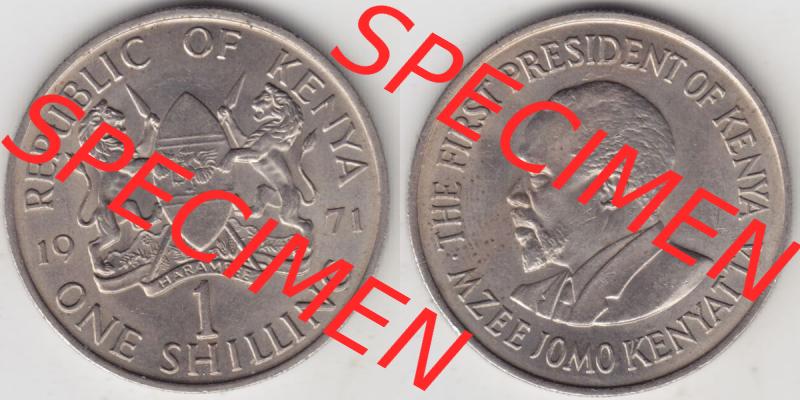 Münzen Afrika Kenia Umlaufmünzen 1969-1978, 1 One Shilling, Schilling 1971. Vorderseite und Rückseite nebeneinander auf einen Digitalen Bild einer Münze aus Kenia,... Sammlung