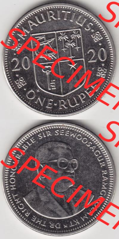 Münzen Afrika Mauritius Umlaufmünzen 2012-2020, 1 Rupie, 1 Rupee 2020. Vorderseite und Rückseite vertikal untereinander auf einen Digitalen Bild einer Münze aus Mauritius,... Sammlung