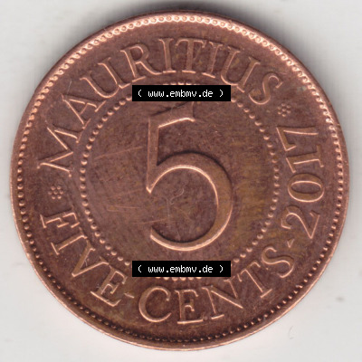 Münzen Afrika Mauritius Umlaufmünzen 1987-2017, 5 Cent 2017. Vorderseite einer Münze aus Mauritius, Mauritius befindet sich... Sammlung