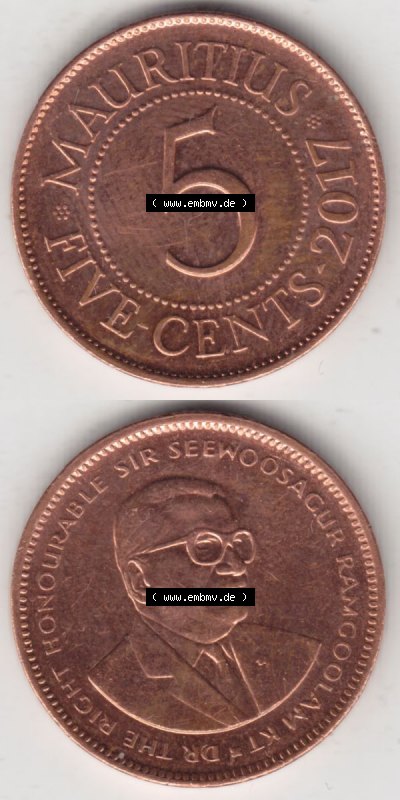 Münzen Afrika Mauritius Umlaufmünzen 1987-2017, 5 Cent 2017. Vorderseite und Rückseite vertikal untereinander auf einen Digitalen... Sammlung