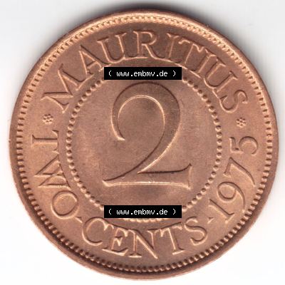 Münzen Afrika Mauritius Umlaufmünzen 1953-1978, 2 Cent 1975. Vorderseite einer Münze aus Mauritius, Mauritius befindet sich auf dem Kontinent Afrika. Hier befindet... Sammlung