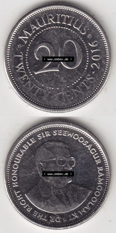 Münzen Afrika Mauritius Umlaufmünzen 1987-2016, 20 Cent 2016. Vorderseite und Rückseite vertikal untereinander auf einen Digitalen... Sammlung