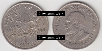 Münzen Afrika Kenia Umlaufmünzen 1969-1978, 1 Shilling 1969. Vorderseite und Rückseite nebeneinander auf einen Digitalen Bild... Sammlung