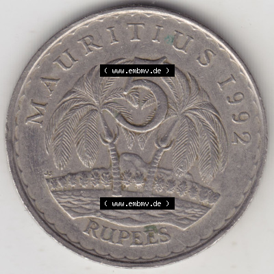 Münzen Afrika Mauritius Umlaufmünzen 1987-2010, 5 Rupien, Rupees 1992. Vorderseite einer Münze aus Mauritius, Mauritius befindet... Sammlung