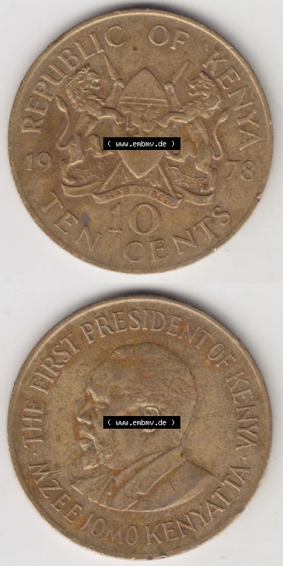 Münzen Afrika Kenia Umlaufmünzen 1969-1978, 10 Cent 1978. Vorderseite und Rückseite vertikal untereinander auf einen Digitalen... Sammlung