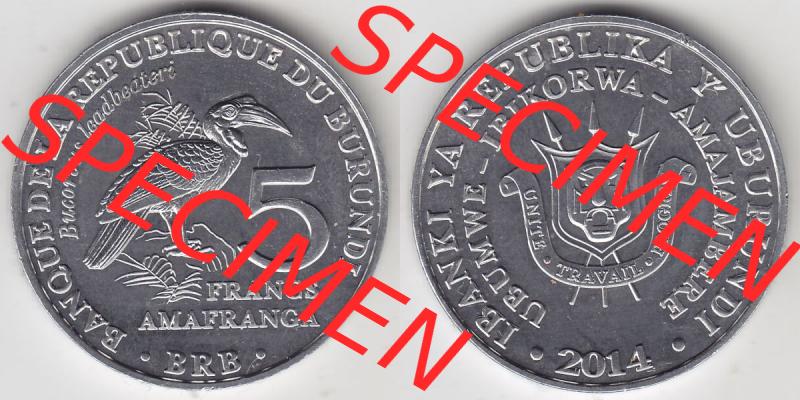 Münzen Afrika Burundi Gedenkmünzen 2014-2014, Francs Vögel-Südlicher Hornrabe. Vorderseite und Rückseite nebeneinander auf einen Digitalen Bild einer Münze aus... Sammlung