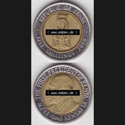 Münzen Afrika Kenia Umlaufmünzen 2010-2010, 5 Schilling - Shillings 2010. Vorderseite und Rückseite vertikal untereinander auf einen Digitalen Bild einer Münze aus Kenia,... Sammlung