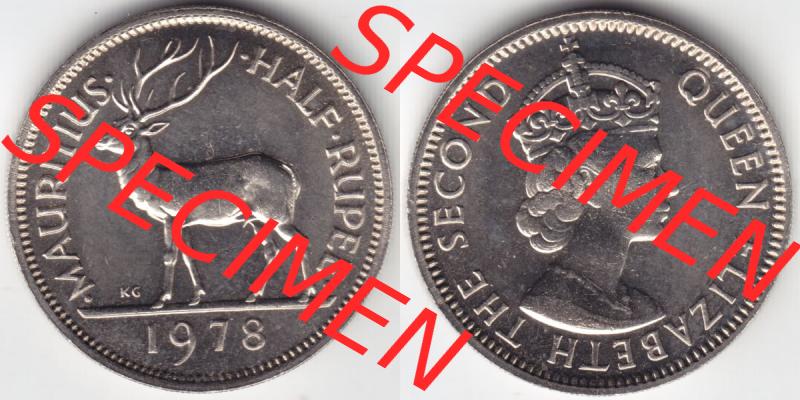 Münzen Afrika Mauritius Umlaufmünzen 1965-1978, 0,50 Halbe Rupie 1978. Vorderseite und Rückseite nebeneinander auf einen Digitalen Bild einer Münze aus Mauritius,... Sammlung