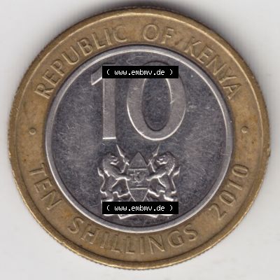 Münzen Afrika Kenia Umlaufmünzen 2010-2010, 10 Schilling - Shillings 2010. Vorderseite einer Münze aus Kenia, Kenia befindet sich auf dem Kontinent Afrika. Hier... Sammlung