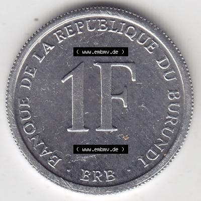 Münzen Afrika Burundi Umlaufmünzen 1976-2003, 1 France Franken 2003. Vorderseite einer Münze aus Burundi, Burundi befindet sich auf dem Kontinent Afrika. Hier befindet... Sammlung