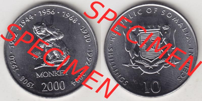 Münzen Afrika Somalia Lunar Gedenkmünzen 2000-2000, 10 Schilling mit Chinesischen Tierkreiszeichen 2004 Affe - Monkey. Vorderseite und Rückseite nebeneinander auf einen Digitalen... Sammlung