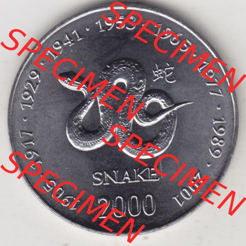Münzen Afrika Somalia Lunar Gedenkmünzen 2000-2000, 10 Schilling mit Chinesischen Tierkreiszeichen 2001 Schlange - Snake. Vorderseite einer Lunar, den Chinesischen Tierkreiszeichen,... Sammlung